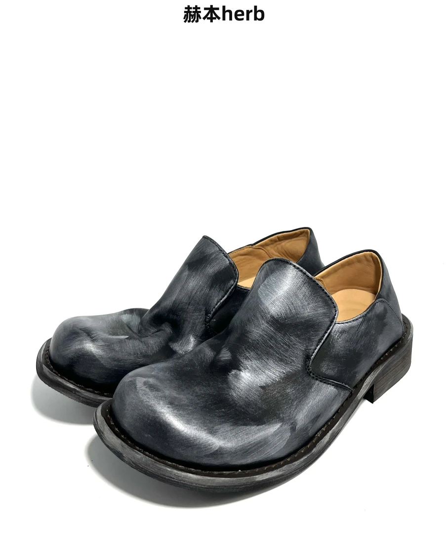 【乌羽】水洗马皮单鞋皮鞋圆头休闲鞋商务复古港风单鞋懒人鞋6688