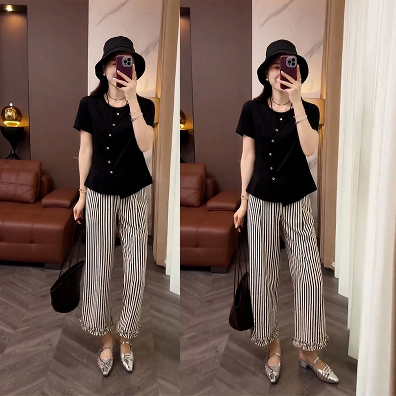 设计感夏装洋气百搭轻熟风休闲不规则短袖上衣条纹花边九分裤套装
