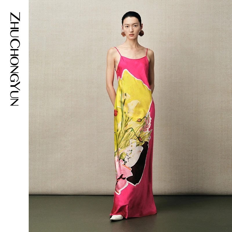 【花语情笺】ZHUCHONGYUN2025秋新款中式花稿吊带连衣裙C1FZ31106