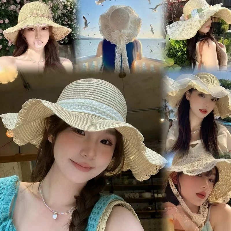 时尚韩版蕾丝新款大帽檐遮阳夏季网红帽百搭防晒防紫外线草帽合集