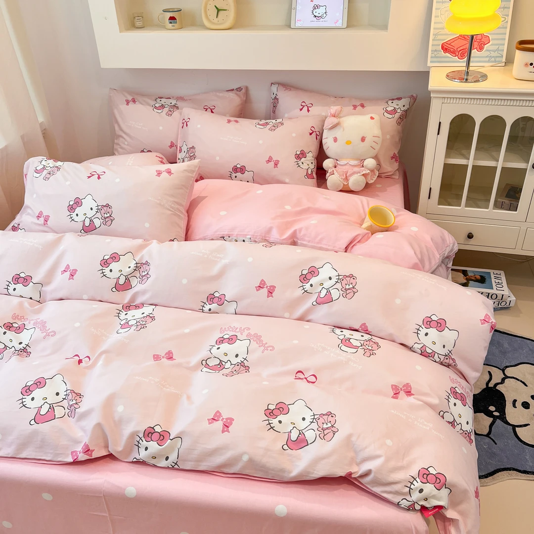 三丽鸥KT猫床上纯棉四件套少女心床单被套儿童宿舍全棉卡通三件套