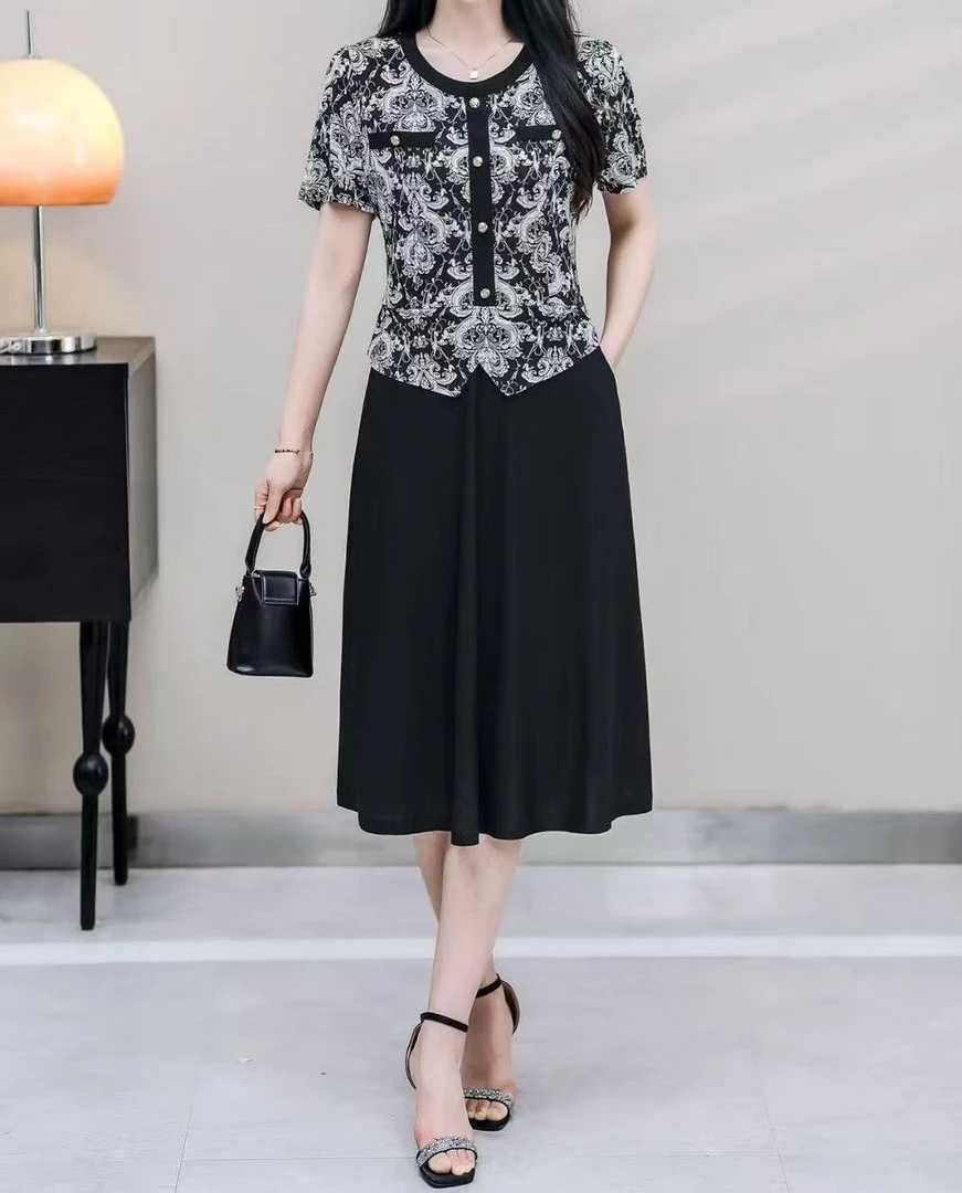 A91#假两件连衣裙女显瘦时尚气质百搭洋气收腰遮肚夏季新款