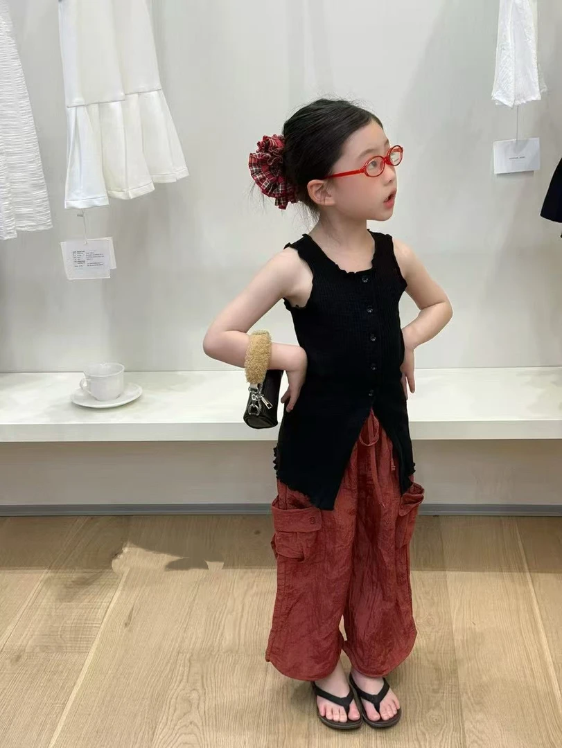 夏季新款童装 韩版童装 女童中长款背心时髦韩系背心红色裤子套装