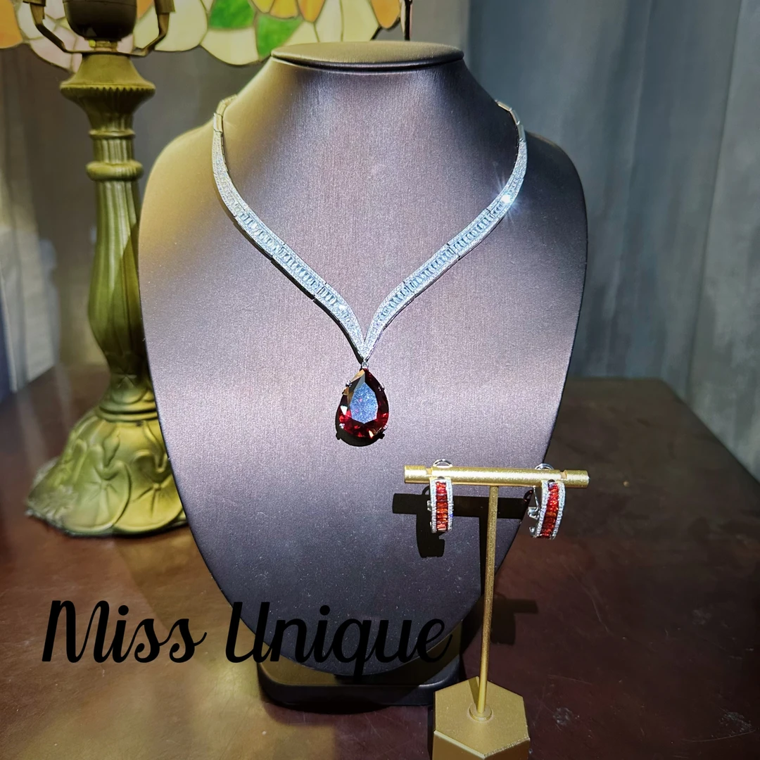 S2266红色大水滴V字项链套装