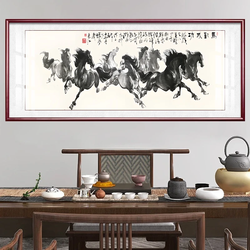 八骏图马到成功墙壁画客厅挂画山水画新中式装饰画办公室国画