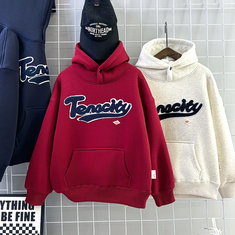 儿童保暖加绒加厚卫衣绣花休闲宽松男童百搭字母常规中大童长袖衫