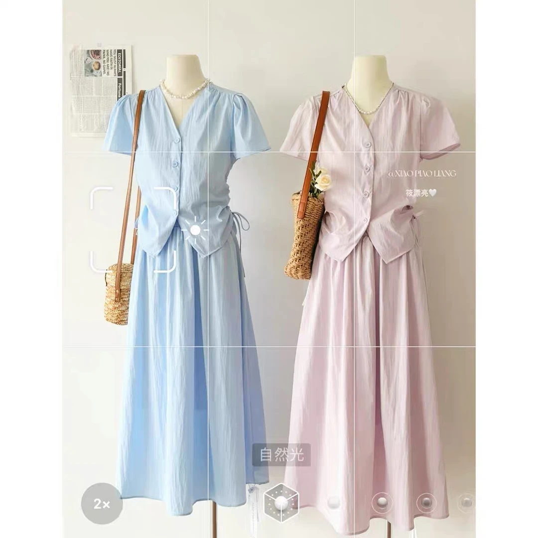 2025夏季新款韩系减龄通勤风V领抽褶显瘦百搭小衫+高腰半身裙套装