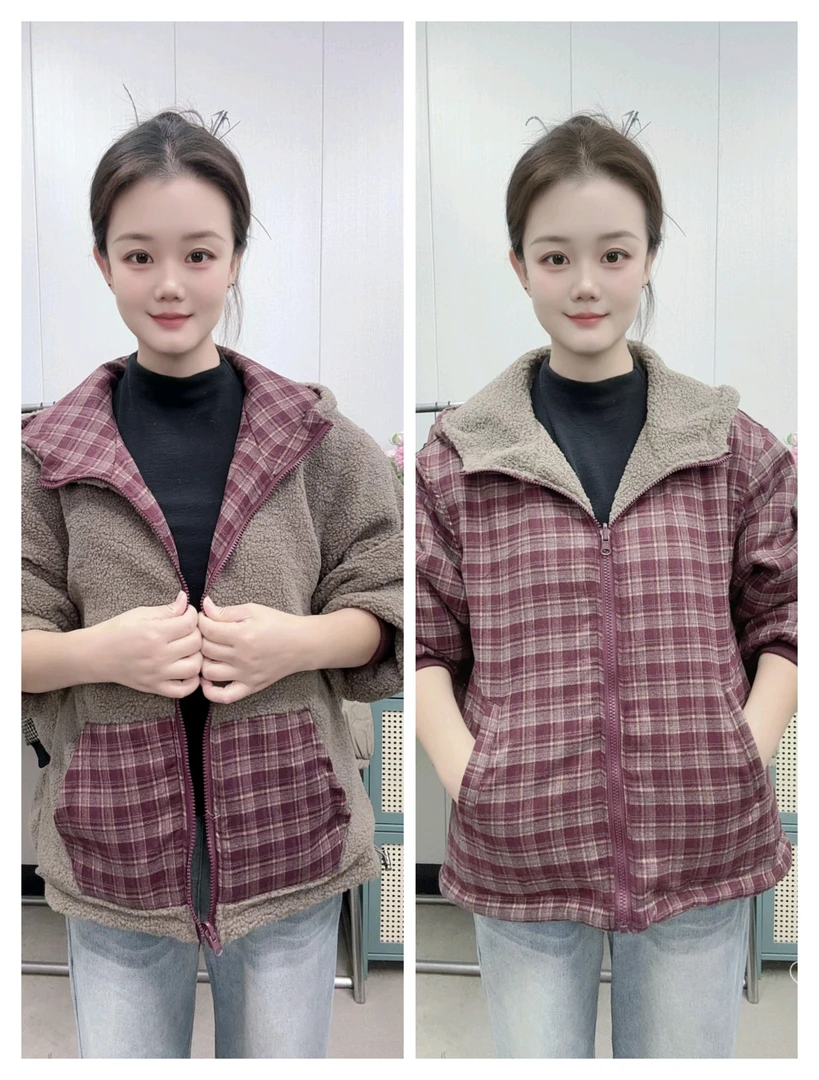 秋冬新款双面穿时尚格子加绒加厚休闲宽松显瘦连帽保暖棉服外套