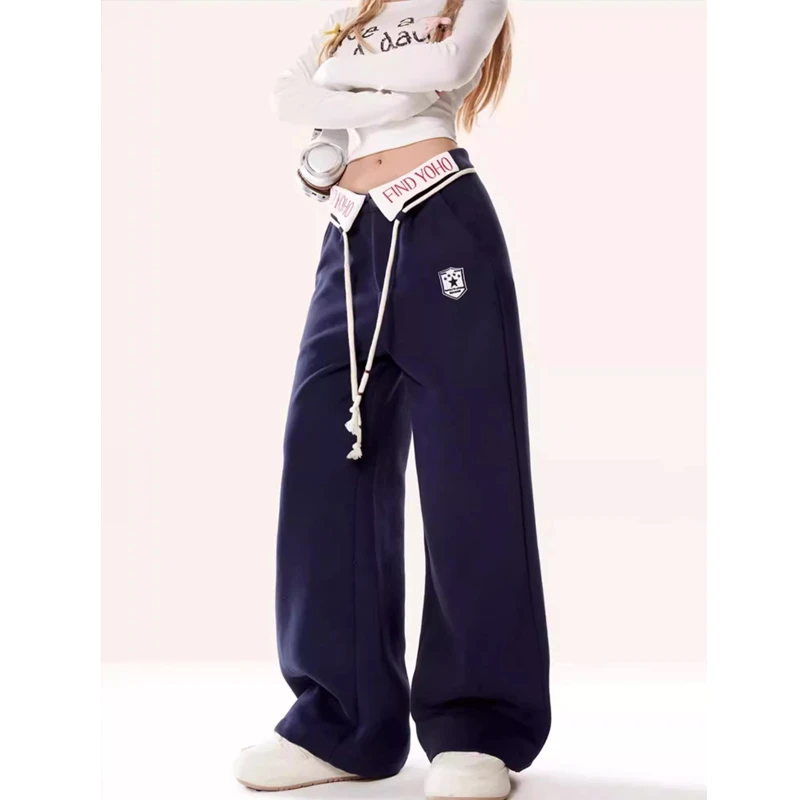 美式复古撞色拼接运动卫裤女2025秋季小众潮牌宽松休闲阔腿直筒裤