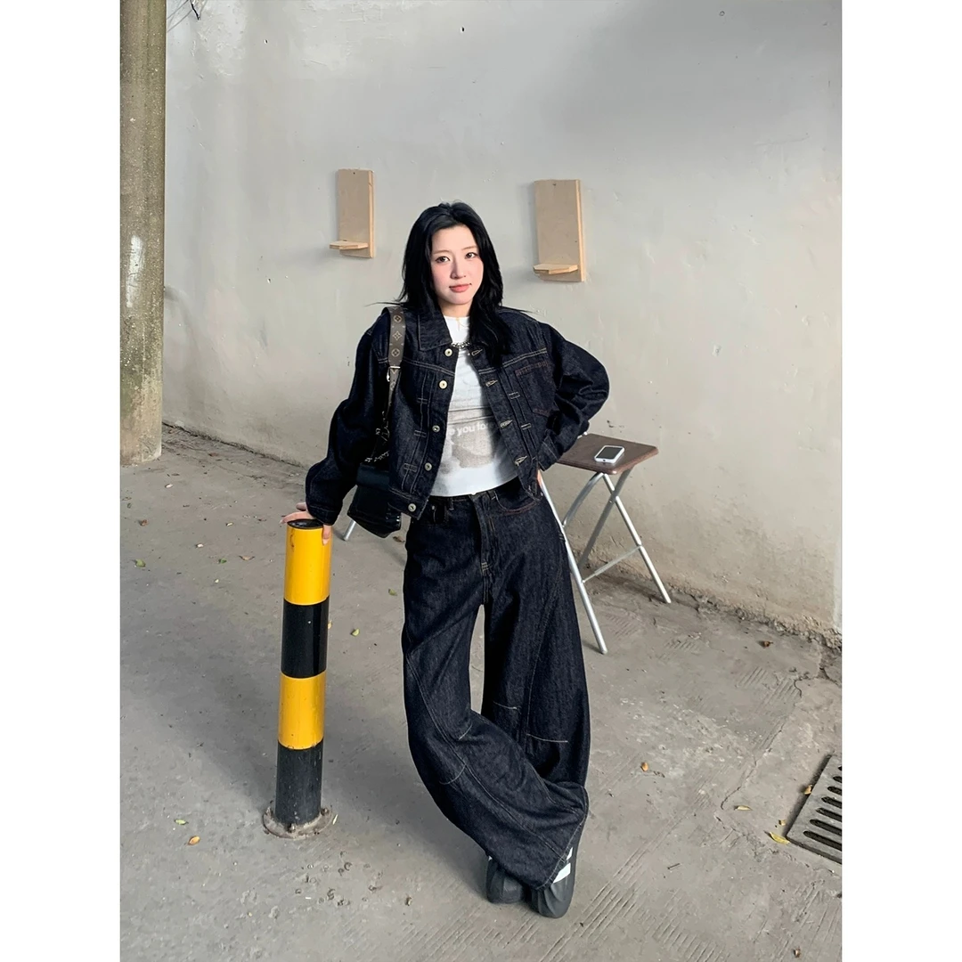 深蓝色牛仔套装男春秋时髦洋气复古翻领夹克阔腿裤又帅又飒两件套