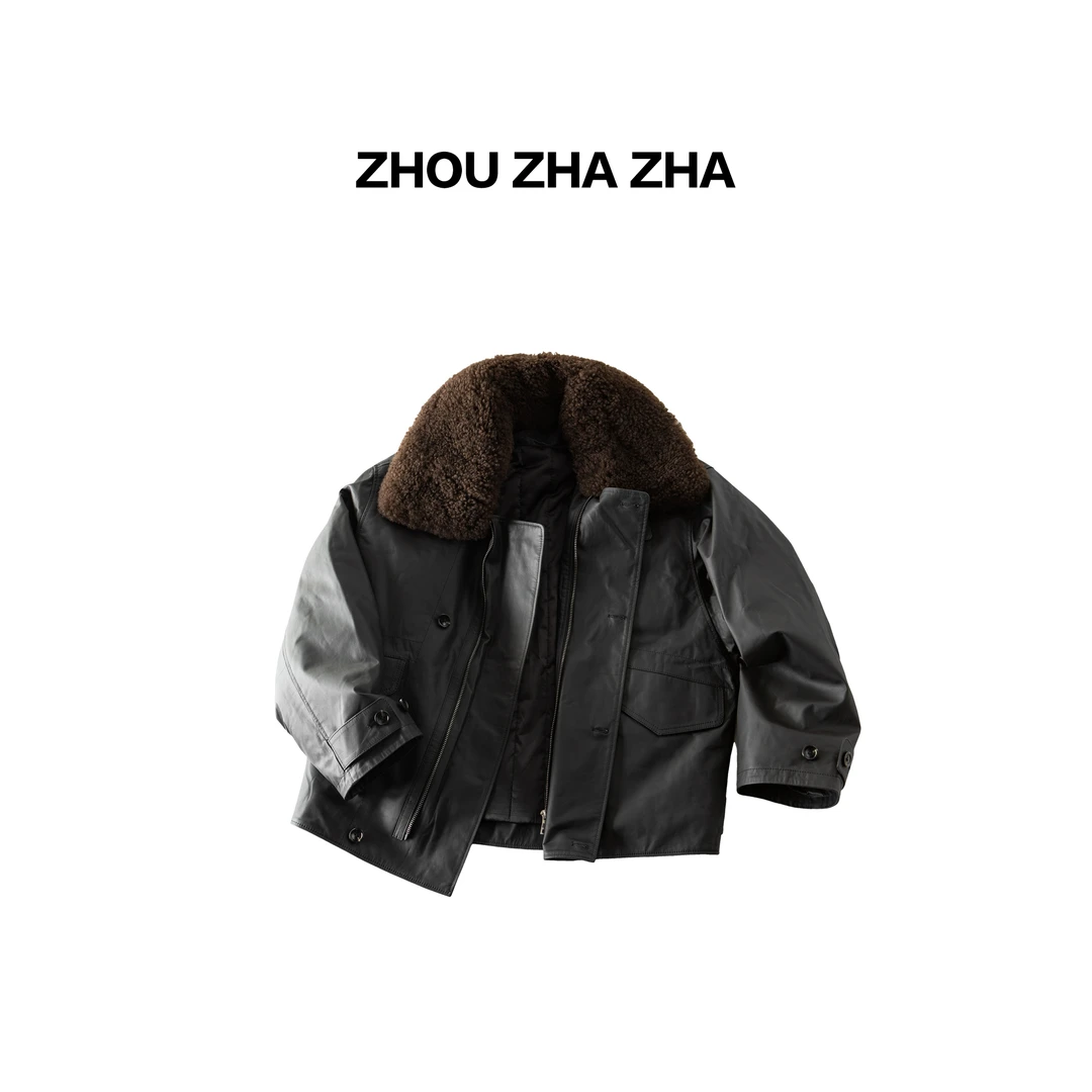 全牛皮 设计款廓形显瘦羊毛领皮衣外套#531125