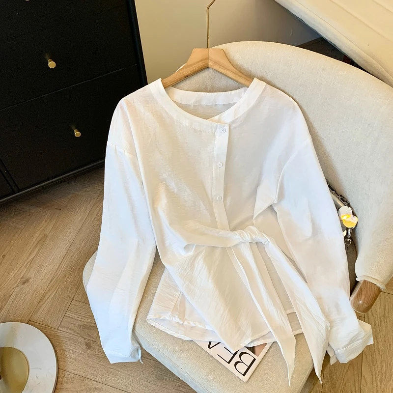 轻奢气场强大女装白色长袖衬衫女春设计感小众不规则绑带收腰上衣