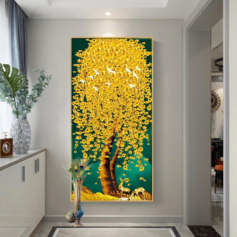 新款竖版玄关风景发财树摇钱树满钻全贴魔方圆钻石画卧室客厅贴钻
