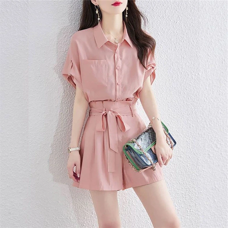 气质短袖衬衫女宽松衬衣+设计感高腰阔腿短裤时尚套装