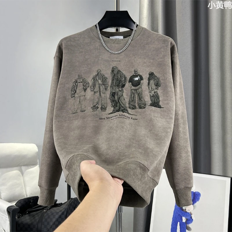 秋冬新款加绒卫衣男扎染设计圆领印花长袖t恤潮流百搭男士卫衣