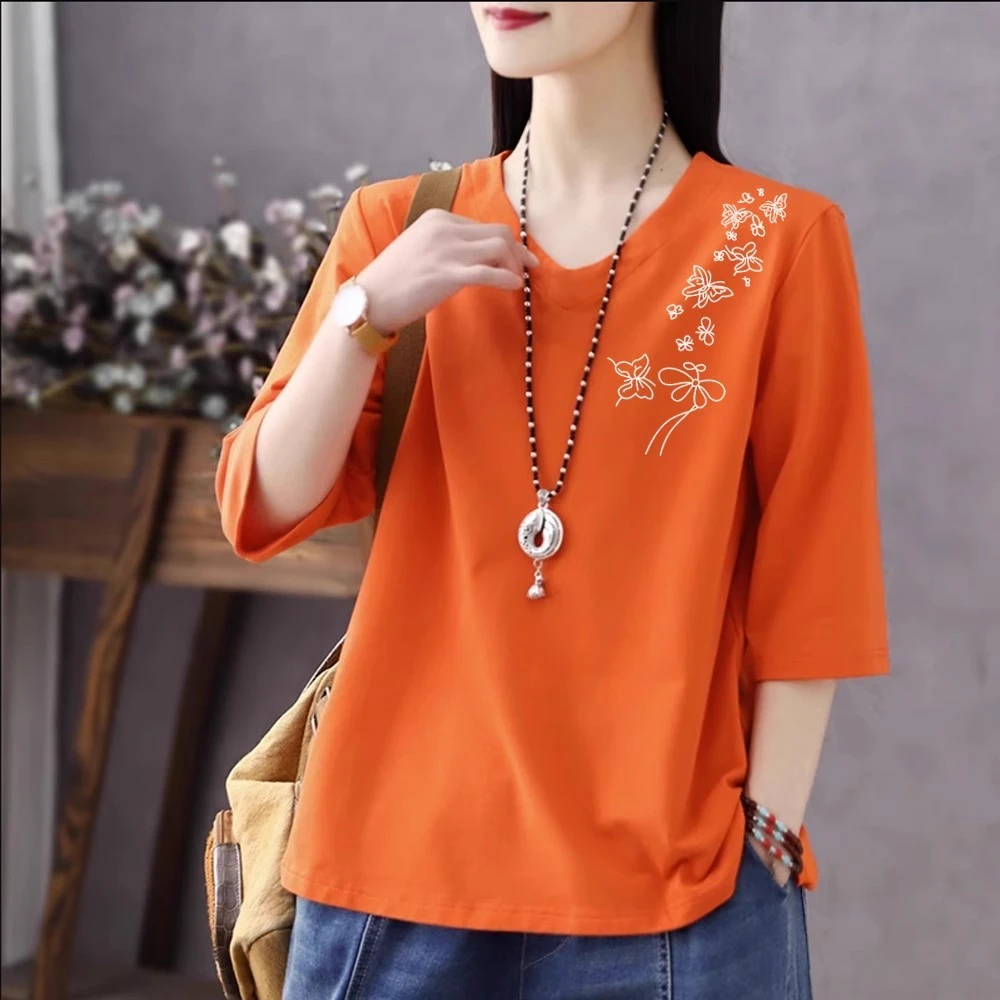 100%纯棉大码t恤女2024春秋新款高档七分袖上衣v领大码打底衫潮