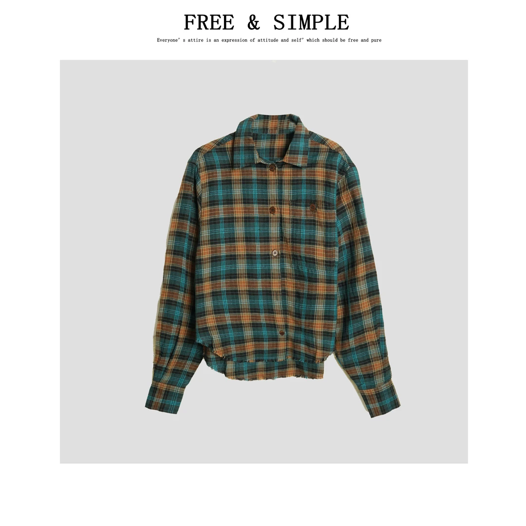 【FreeSimple】'边界感'格子长袖衬衣女亚麻时尚百搭衬衫-F81008