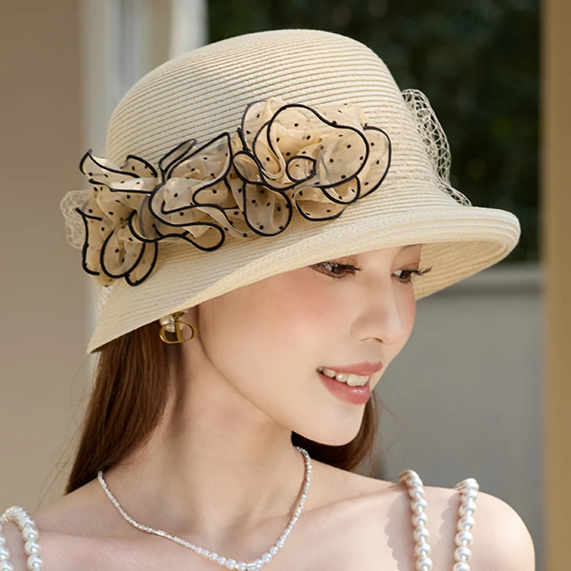 翻檐女遮阳帽春夏太阳帽女士花朵日系帽子休闲裙边帽出游防晒草帽