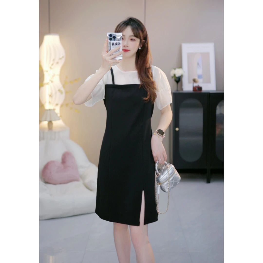 【桃乐丝V】气质假两件侧开叉绑带宽松显瘦收腰夏季a字连衣裙81