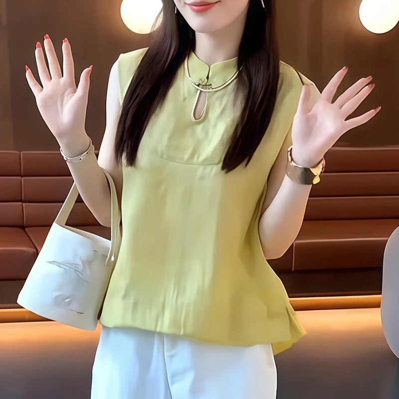 黄色立领衬衫小衫女2025新款夏季新中式国风短款无袖上衣衬衣背心