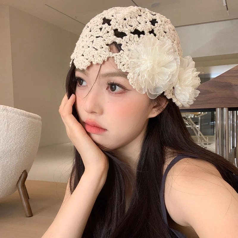 甜美百搭镂空花朵包头帽女春夏季薄款时尚钩花编织套头帽子毛线帽
