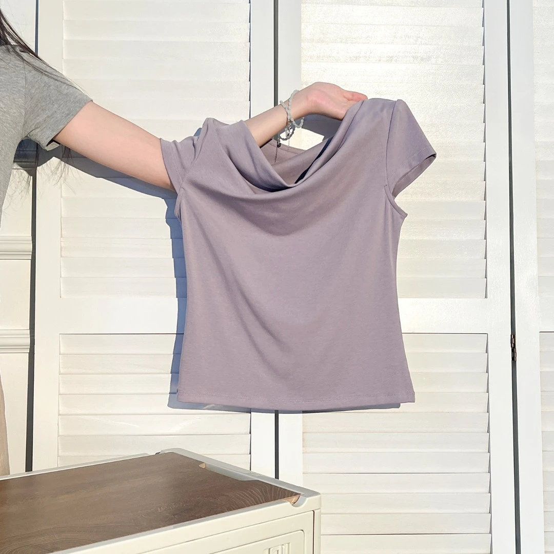 夏珍 紫色纯欲荡领露锁骨短袖T恤女2025新款夏季修身显瘦百搭上衣