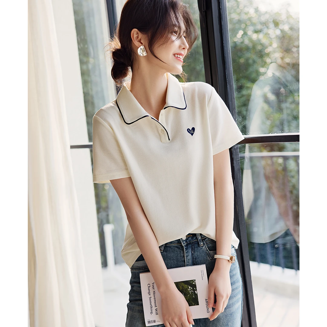 XWI/欣未2025夏季简约撞色纯色休闲百搭翻领显瘦薄款polo短袖8312