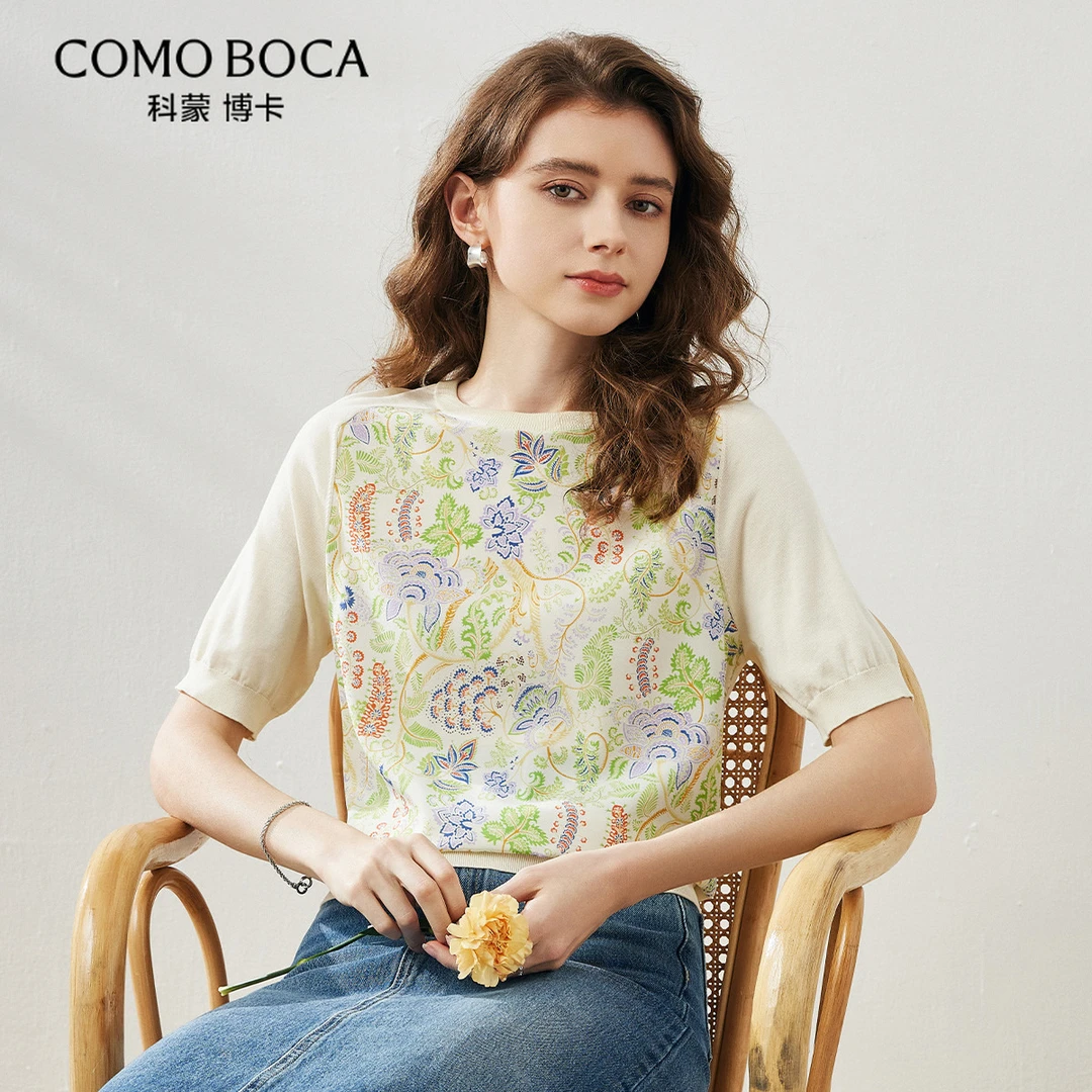 COMOBOCA/科蒙·博卡桑蚕丝T恤圆领春夏短袖田园森女上衣女KST1245