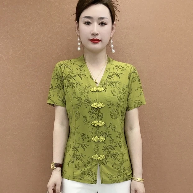 中老年妈妈时尚洋气印花上衣夏季新款短袖宽松显瘦T恤XHB1008198