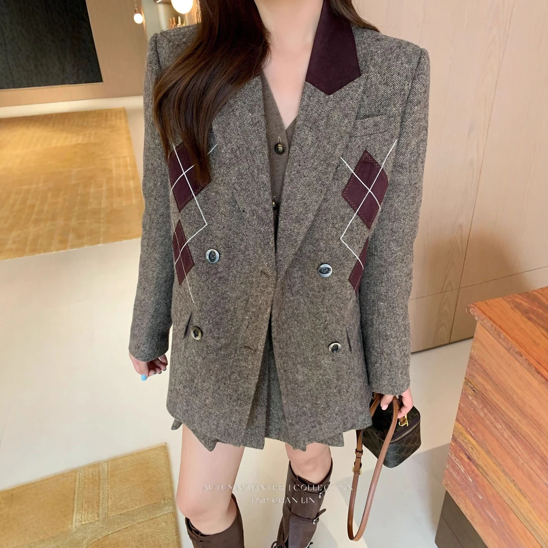 topchanlin2025秋老钱风菱格西装外套+高腰毛呢百褶a字半身裙套装