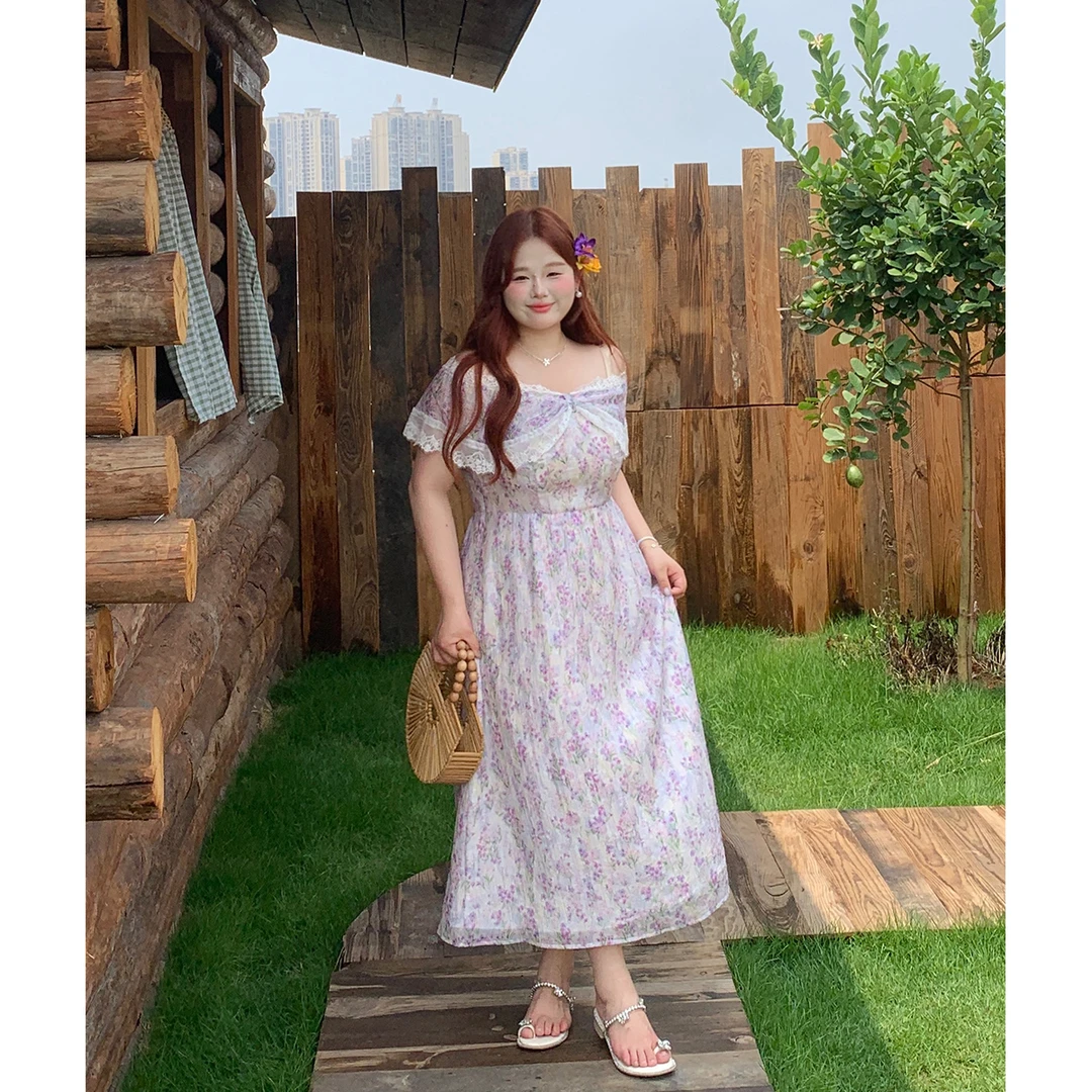 79徐达布【天使美丽】大码连衣裙女紫色碎花漂亮蕾丝长裙L33640C52