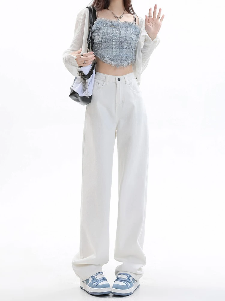 米白色直筒牛仔裤子显高显瘦梨型身材高腰阔腿裤时尚宽松直筒裤