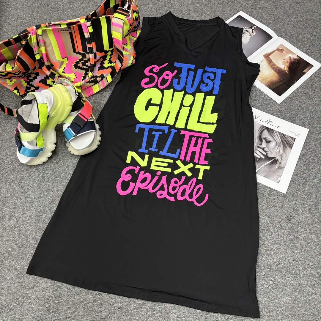 W8524潮牌设计师定制款弹力嘟嘟冰感棉V领砍袖荧光字母长款裙