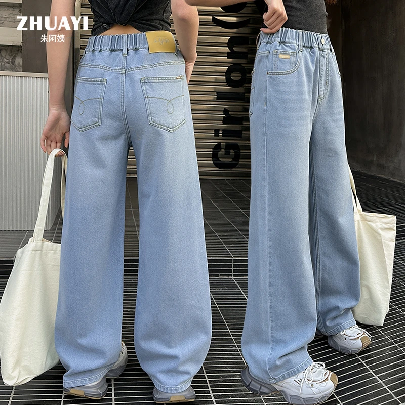 2025新款女大童牛仔裤浅色柔软直筒裤宽松显瘦洋气春款裤子