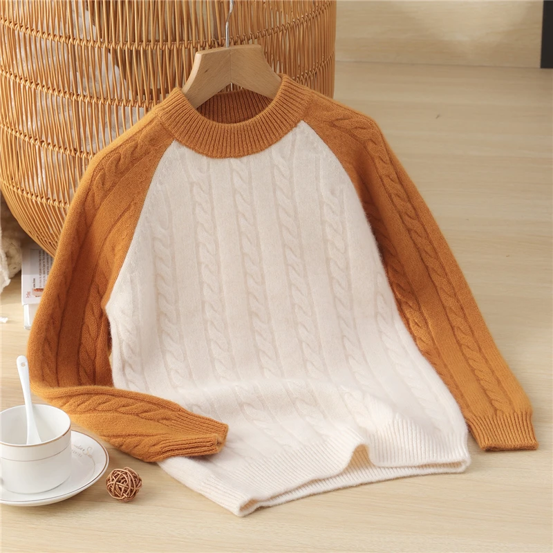 半高领加厚麻花提花针织特厚秋冬季男女儿童打底衫拼色羊毛绒衫