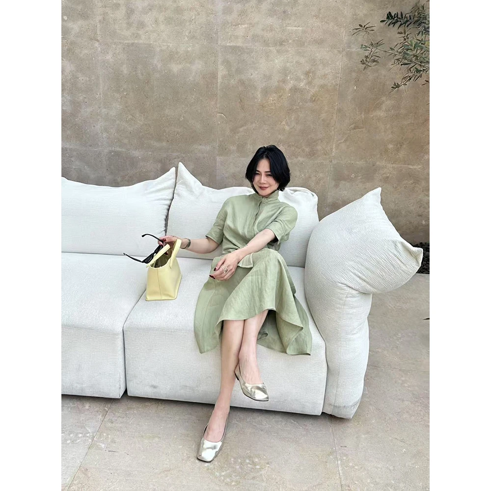 SHIIEELL 小个子显瘦百搭老钱风蝴蝶扭结亚麻中长连身裙W1742