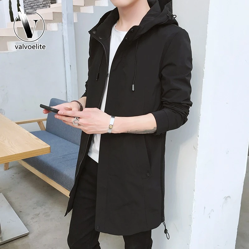VALVOELITE风衣男中长版连帽秋季新款外套时尚休闲男士披风修身