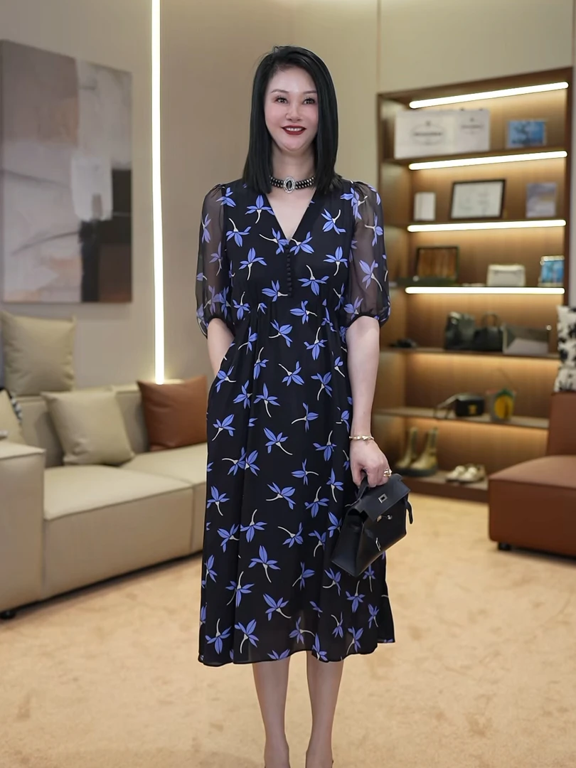 BARRIAILEN | 100%桑蚕丝v领气质花色连衣裙-240364