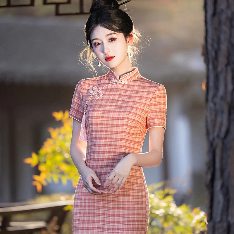 新款改良格子旗袍优雅中国风中长款少女轻款气质显瘦日常通勤
