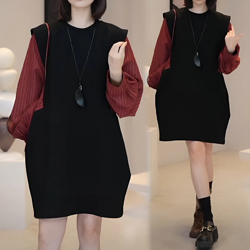 欧货时尚复古假两件撞色拼接长袖气质连衣裙女2025春秋新款a字裙