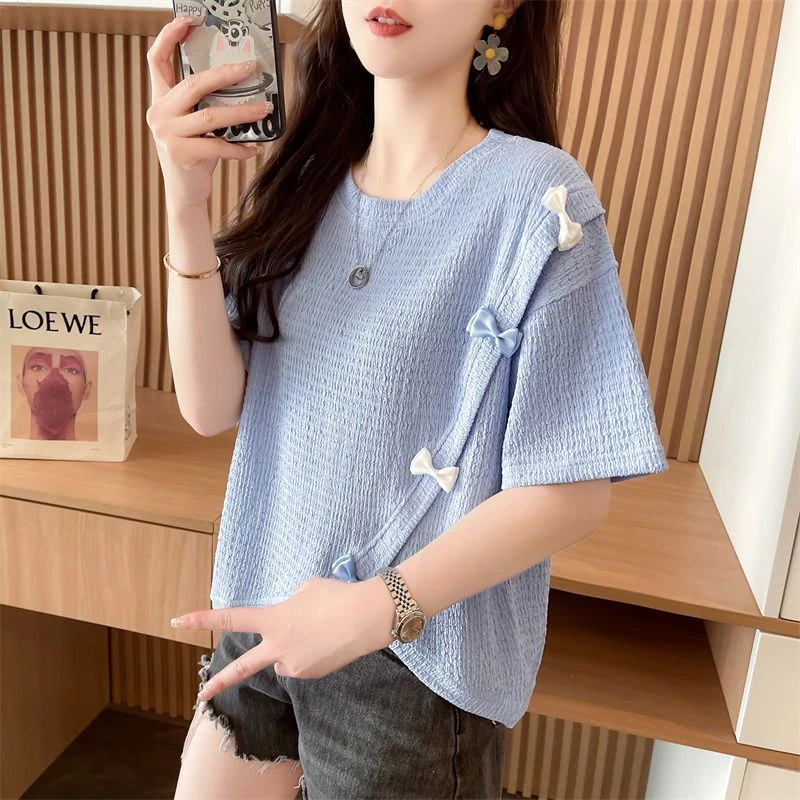 小个子短款肌理感短袖t恤女夏季新款韩版宽松不规则开叉百搭上衣