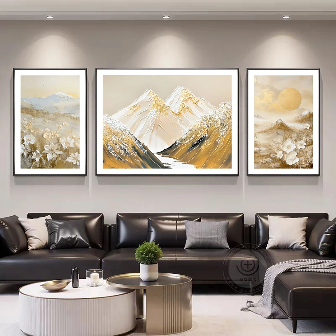 轻奢现代简约日照金山客厅沙发背景墙三联装饰画大气高级感挂画