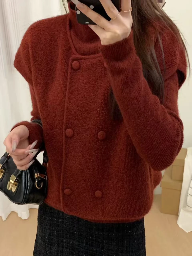 滨莉家2171【韩系两件套】双排扣马甲=高领打底毛衣