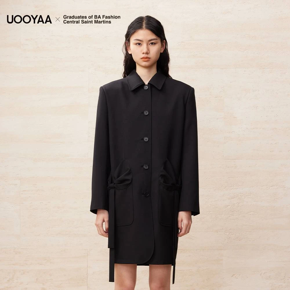 UOOYAA/乌丫2024春季圣马丁联名系列蝴蝶结装饰大衣上衣外套0021