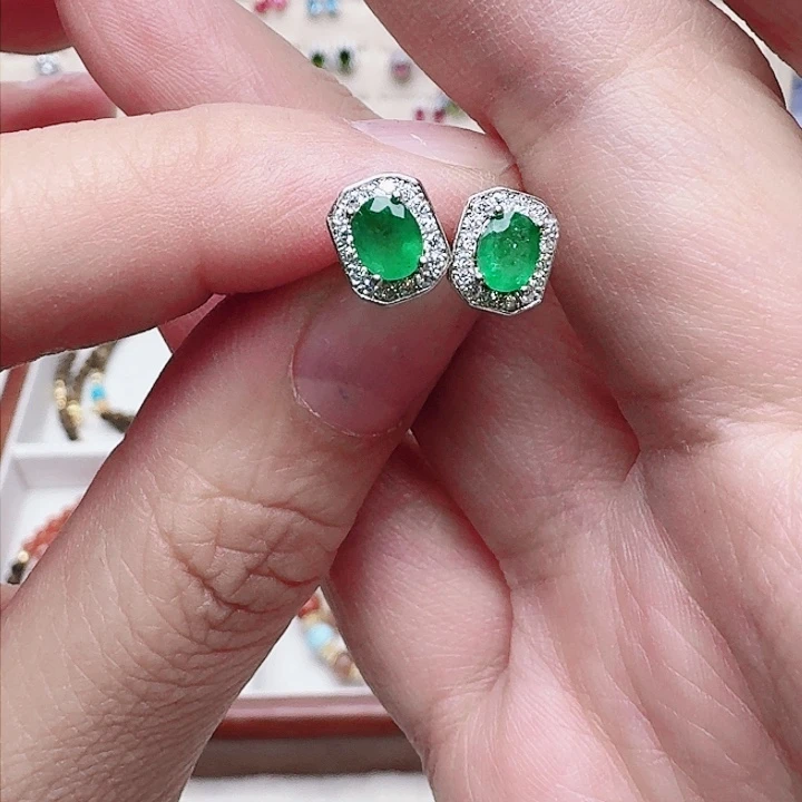 祖母绿耳饰银S925镶嵌耳钉