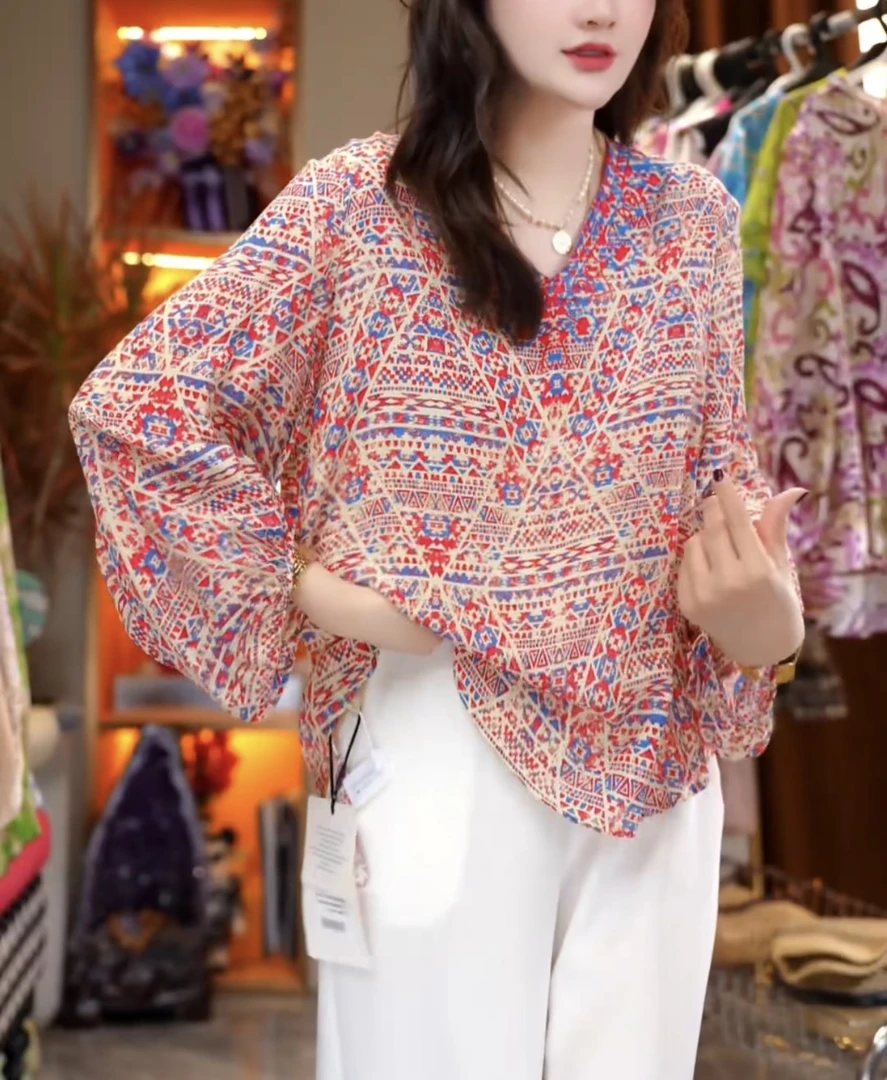 【丝芙玉禄】（F702）真丝双绉桑蚕丝定位印花拼色宽松休闲桑蚕丝