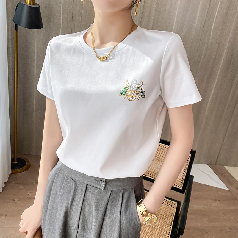 【烫钻蜜蜂】品牌同款80支丝光棉短袖夏季圆领女款半袖