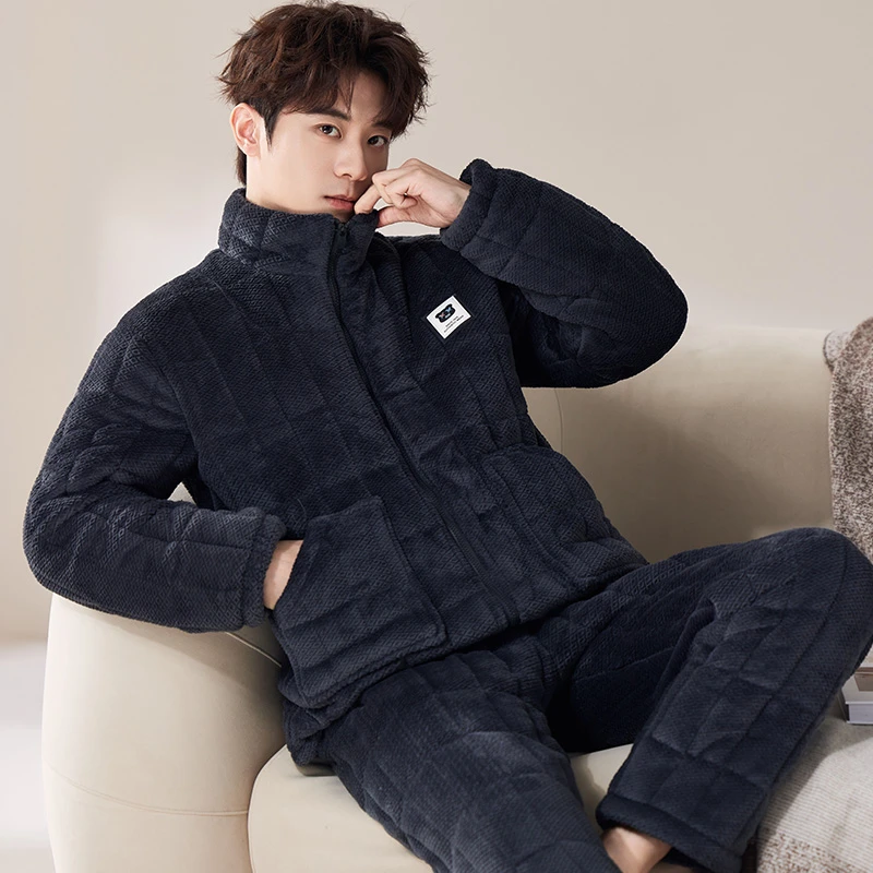 拉链款男士冬季加绒加厚家居服套装新款保暖厚款棉服三层夹棉睡衣