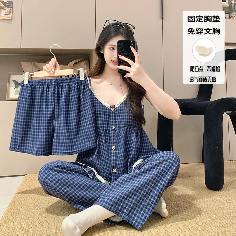 花边蓝格子吊带睡衣女款夏季甜辣风开衫带胸垫家居服可外穿三件套