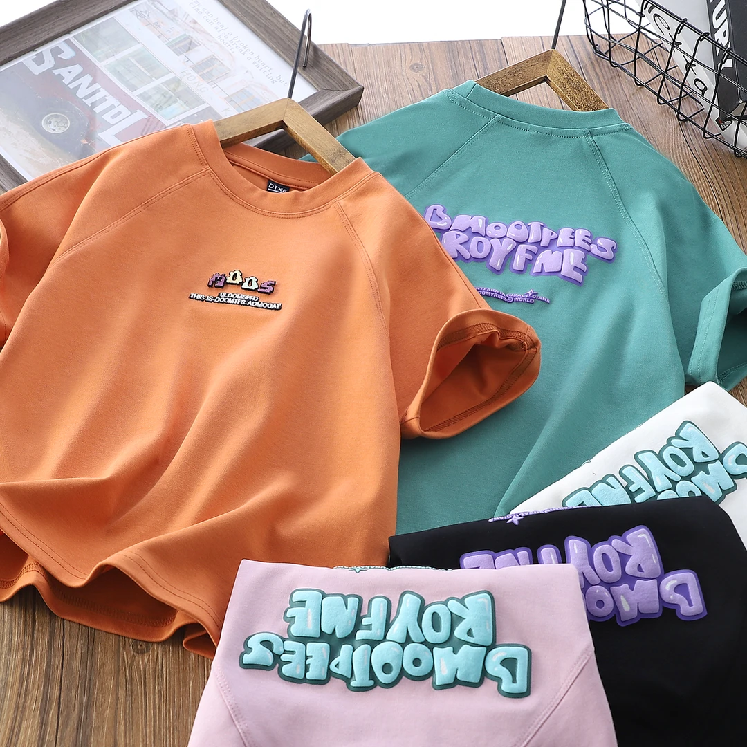 高端新氧棉【牙刷绣与发泡印的碰撞】夏款中大童字母休闲T恤 5205A